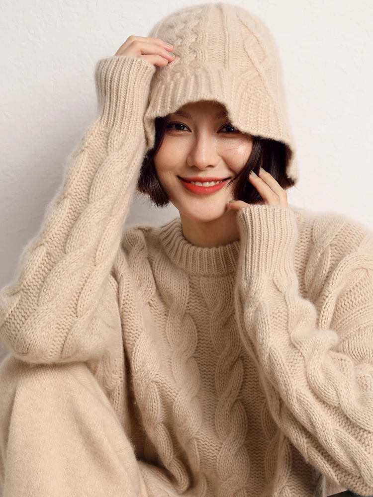 2025 シックな秋冬女性の 100% カシミヤケーブル編み漁師帽子暖かいプルオーバーキャップカジュアルスタイルカシミヤ帽子トップス