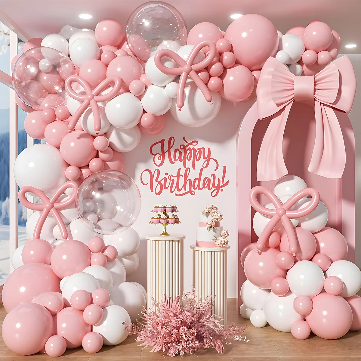 103pcs Pink Bow Balloon Garland Arch Kit Pink and White Balloon Arch for Wedding Bridal Girls Birthday Baby Shower Party Decor