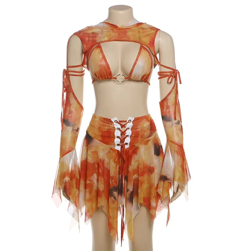 4-częściowy zestaw damski Tie Dye Print Mesh Vacation Lace Up Bra + Flare Long Sleeve Hooded Cape + Briefs + Bandage Ruffles Mini Skirts