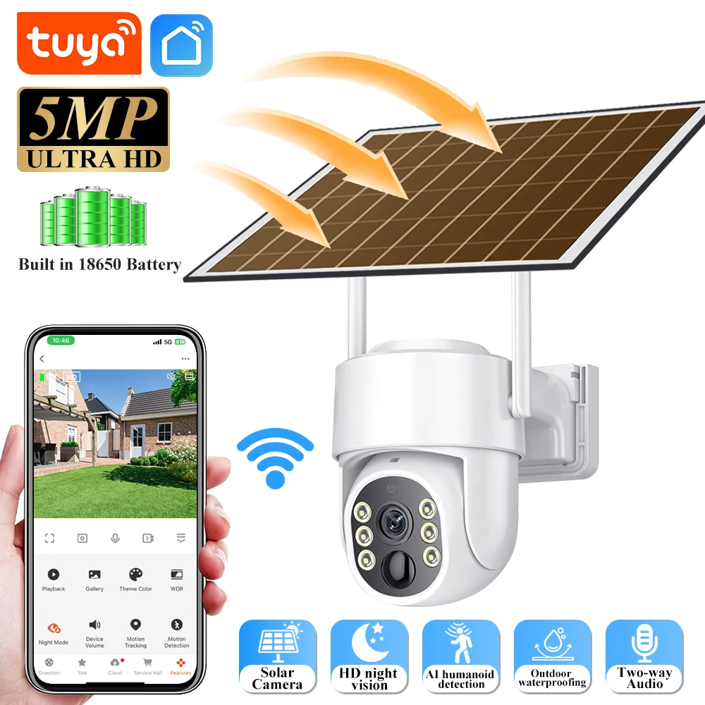 Tuya 5MP Wifi caméra à batterie solaire avec panneaux solaires couleur Vision nocturne IR détection de mouvement caméra IP étanche extérieure
