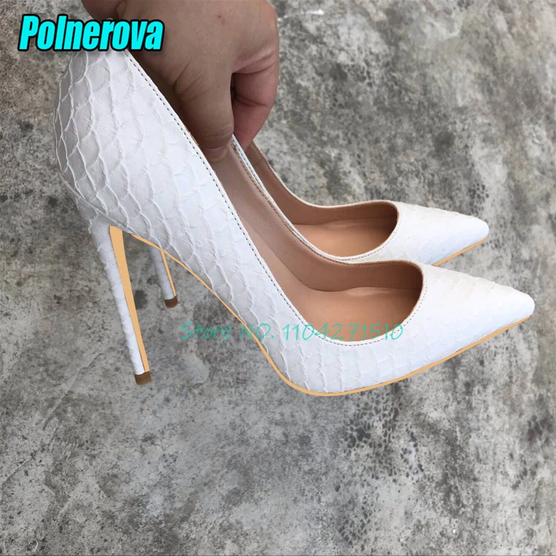 White Snake Patterned High Heels for Women Spring Summer New Sexy Shallow Pointed Toe 12CM Thin Heel Pumps Wedding Dress Shoes