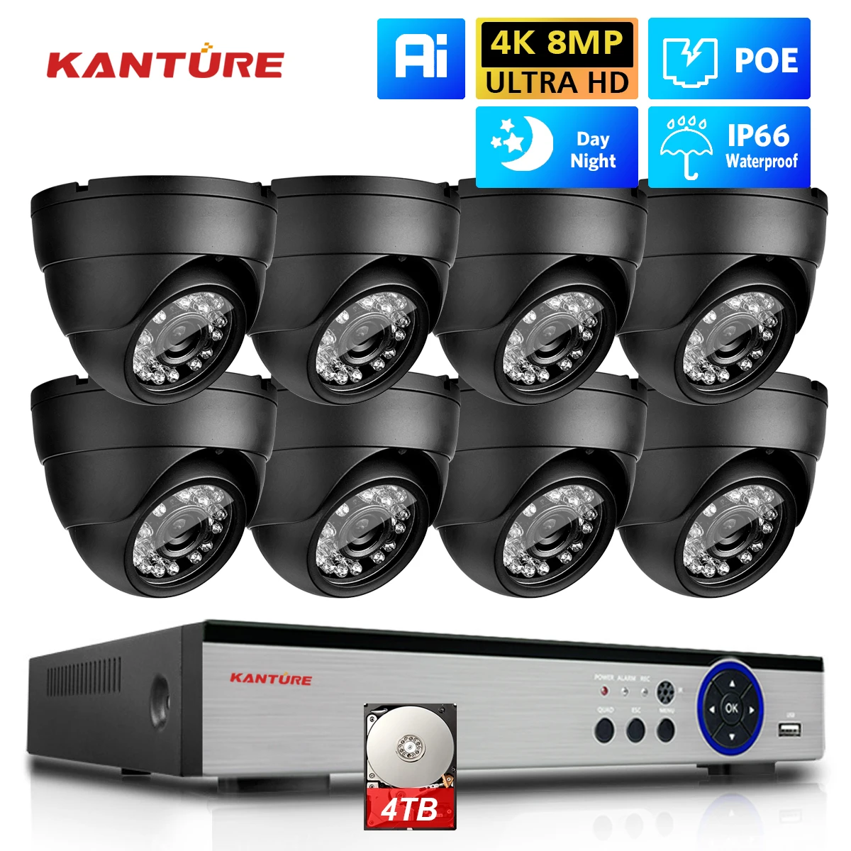 KANTURE 8CH 4K CCTV Camera System 8MP Ai Human Detection Indoor Outdoor Dome POE Ip Camera Night Vision Video Surveillance Kit