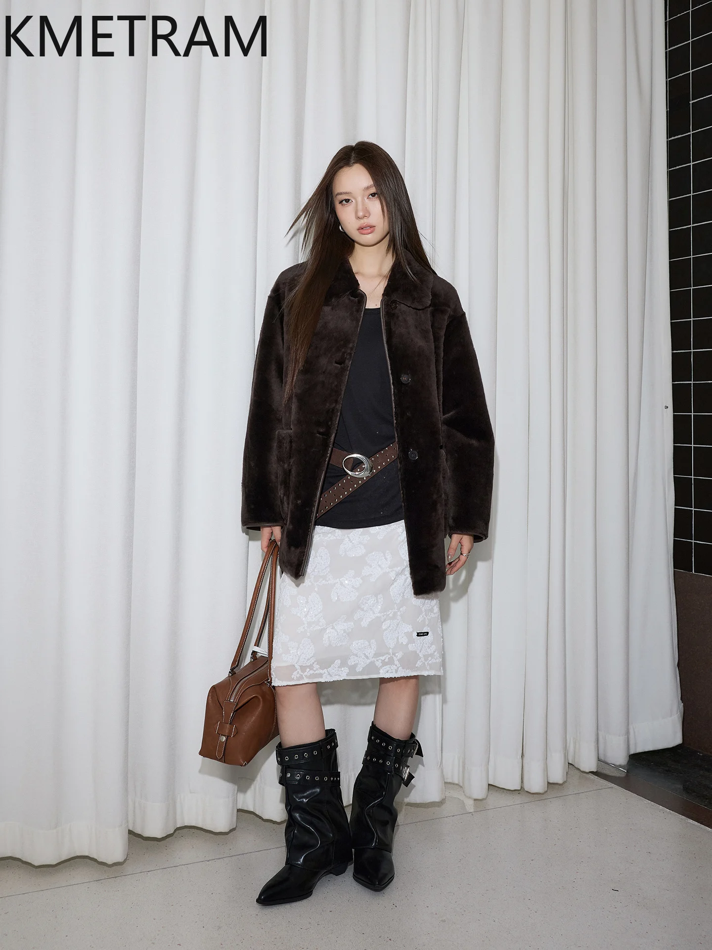 KMETRAM peau de mouton mérinos naturelle avec laine attaché manteau revers mi-long véritable veste de fourrure hiver femme vêtements шуба ж misce mena