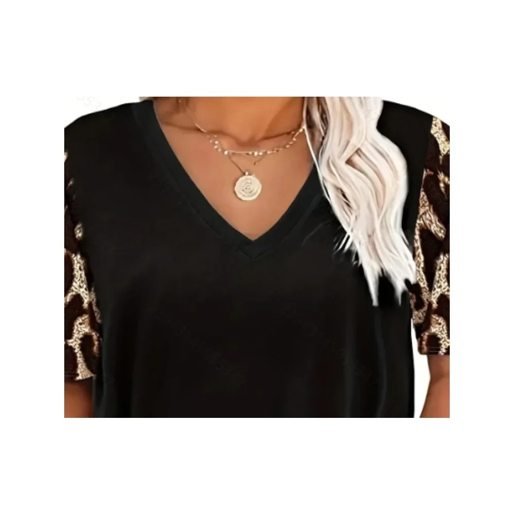 حجم كبير 1XL-5XL جديد المرأة قصيرة الأكمام اللون مطابقة ليوبارد تي شيرت مطبوع المرأة الخامس الرقبة اللون متقلب تي شيرت مطبوع #4