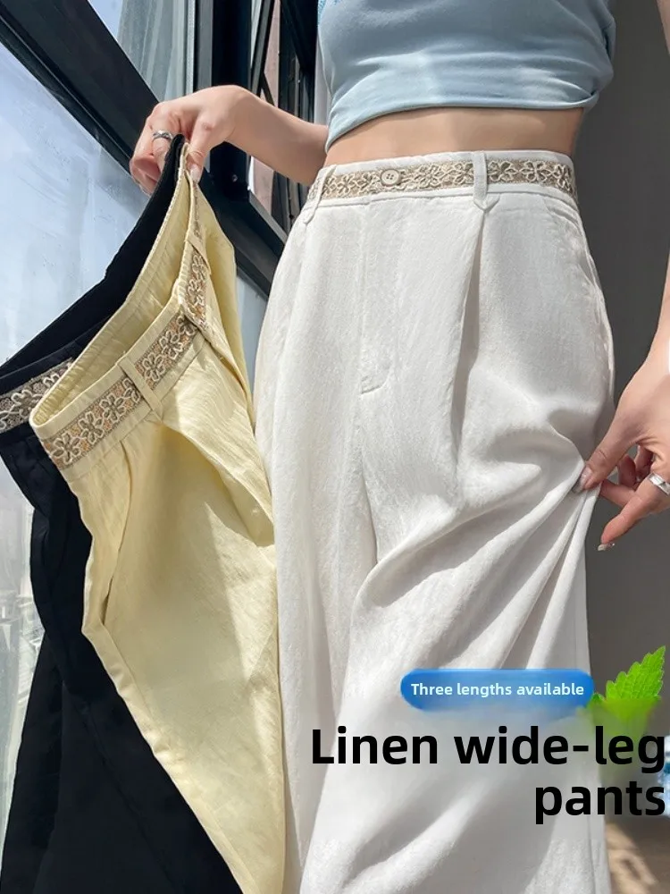 Pantalon léger en coton et lin pour femmes, jambes larges, ample, drapé, coréen, taille haute, coupe droite, été