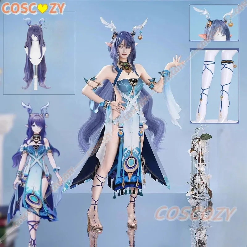 

Genshin Impact Lauma Cosplay Costume Wig Dress Uniform Headdress Earrings Frostmoon Scions Halloween Party Outfit for Women Girl