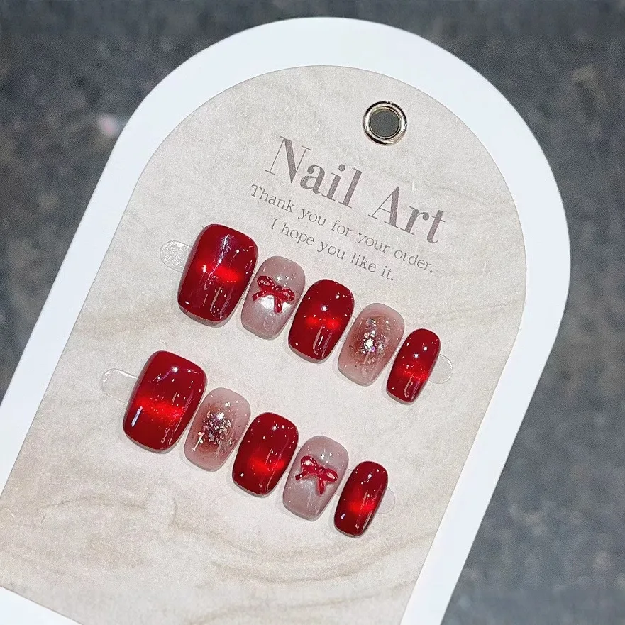 10Pcs Red Cat Eye Press on Nails Short Square Acrylic Fake Nails Rose Bowknot Design Fake Nails Rhinestone Nail Art with Glue