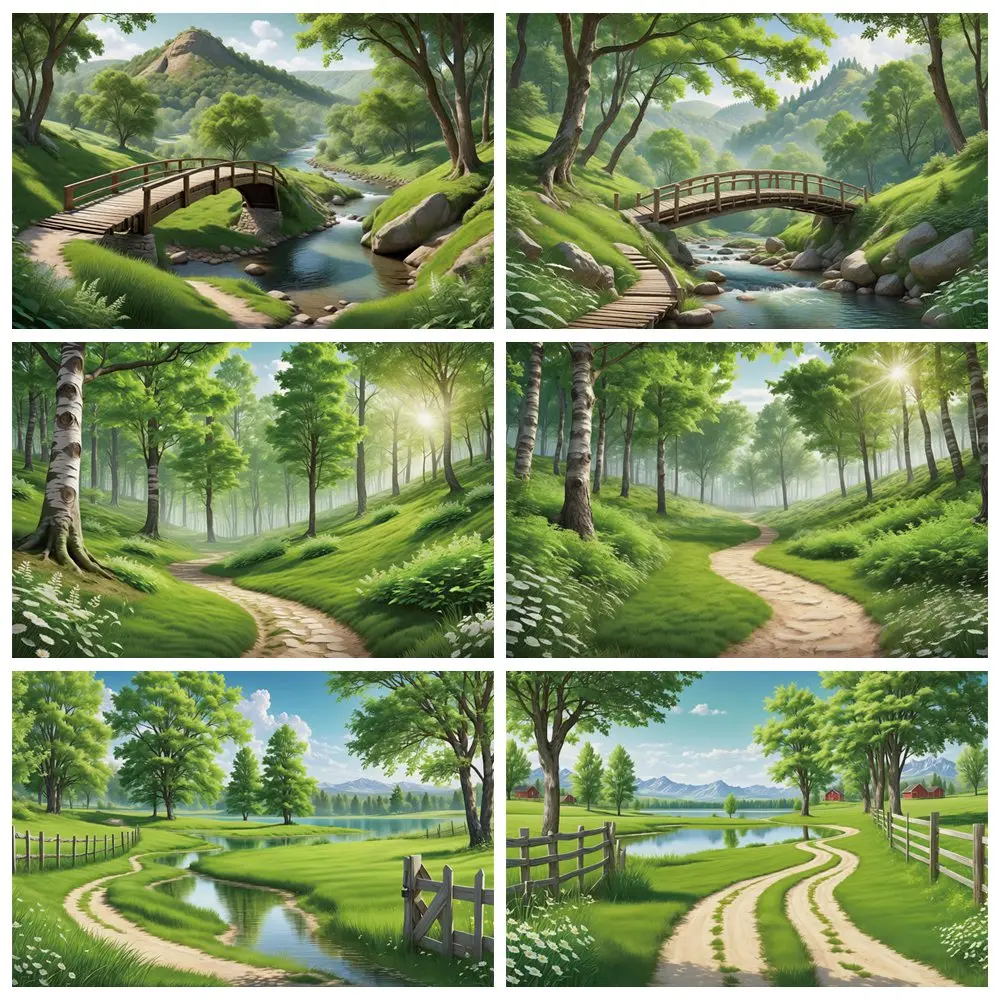 

MOON.QG Spring Green Nature Landscape Photography Backdrop Wild Bridge River Rustic Background Party Decoration Photocall Props