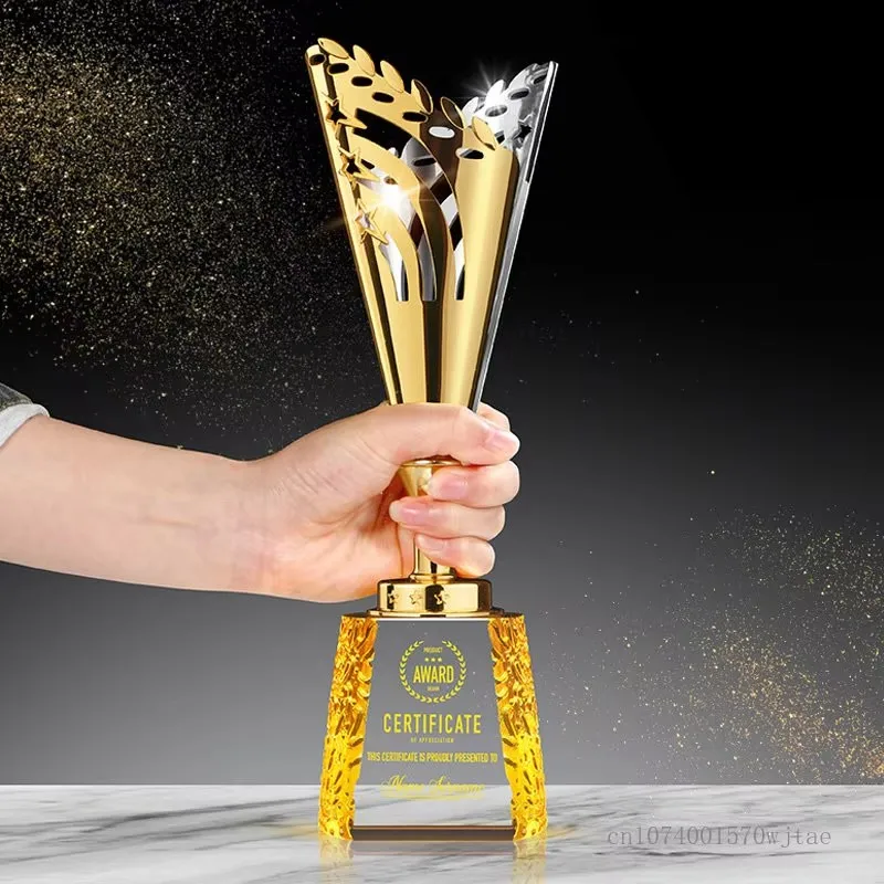 Custom Metal Crystal Glass Trophy Customize Free Engraved Text Name Excellent Staff Award Speeches Music Sports Activities Prize
