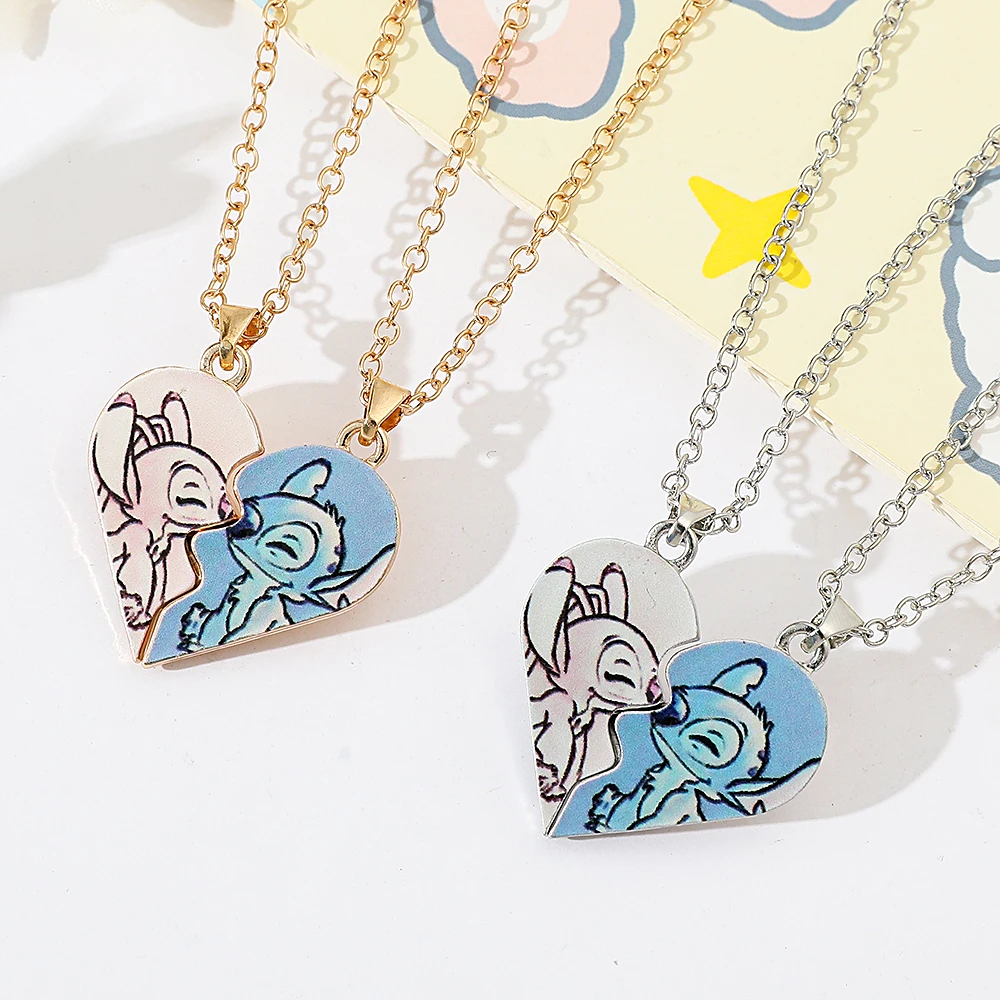 Disney Stitch Gold and Silver Color Necklace for Couples, Angel & Stitch Cartoon Necklace, Ladies Cute Style Chain, Jewelry