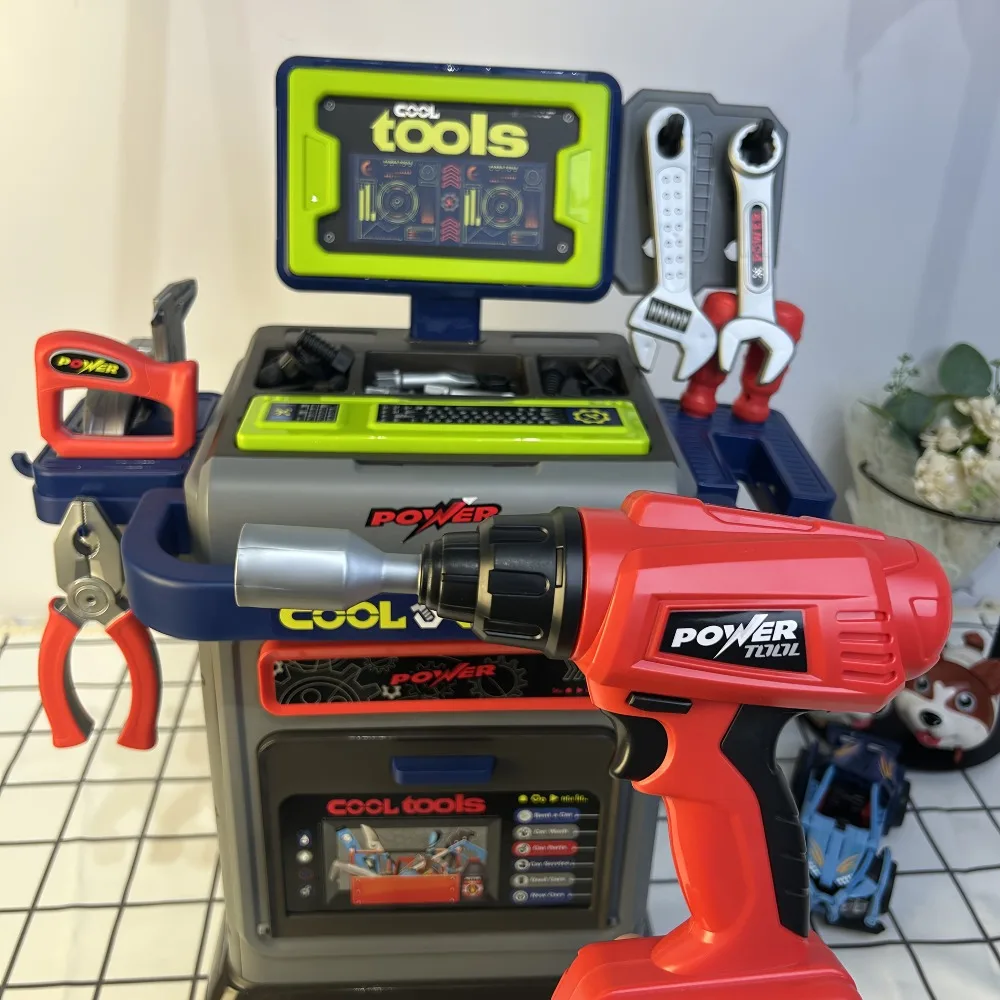 مجموعة عربة أدوات الأطفال مع مثقاب كهربائي لعبة منضدة البناء للأطفال الصغار هدية عيد الميلاد للأولاد