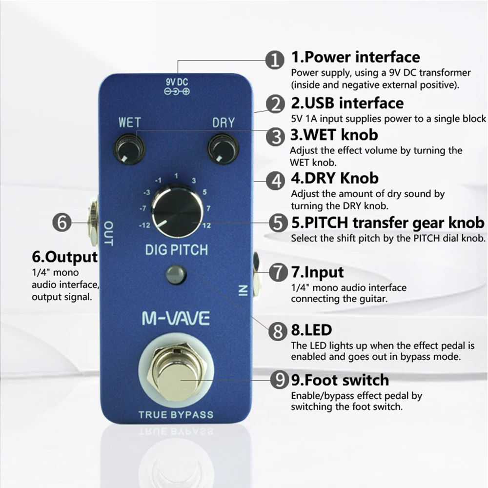 M-VAVE DIG PITCH Guitar Effect Pedal with 9 Pitch Shift Types True Bypass Zinc Alloy Shell Pedal Guitar Parts & Accessories