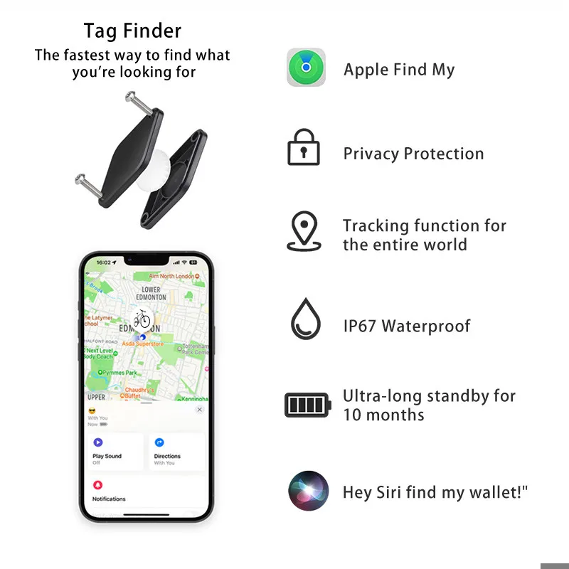 Gps Tag- Bike Tracker- Smart Finder- Hidden Locator for Apple Airtag, Electric Bike, Scooter Works with Find My [MFI Certified]