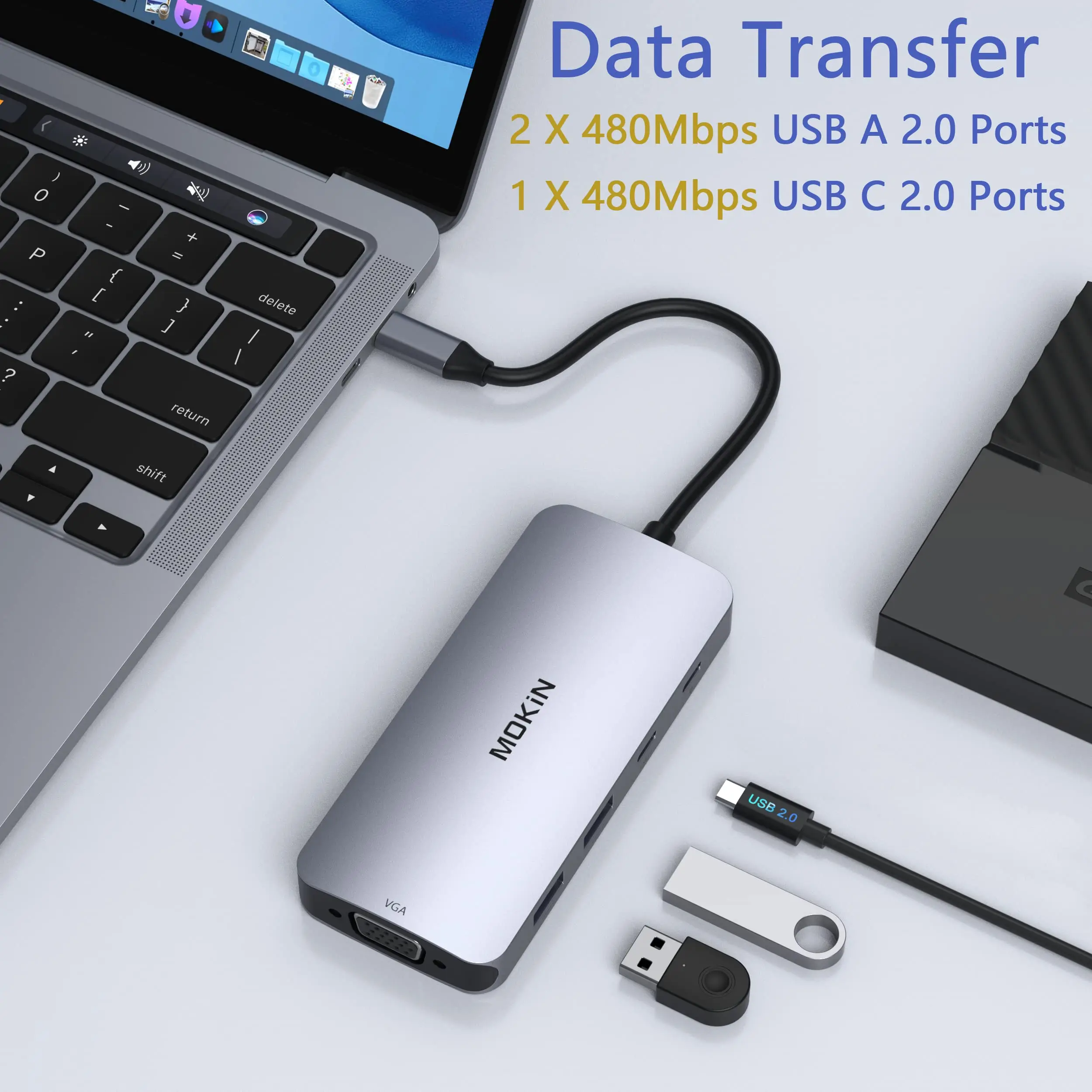 MOKN-USB Hub Docking Station, Adaptador USB C HUB, Dual HDMI, 4K @ 60Hz, DP, VGA, PD3.0, carregamento para MacBook Pro Air 13, M1, M2 Laptops