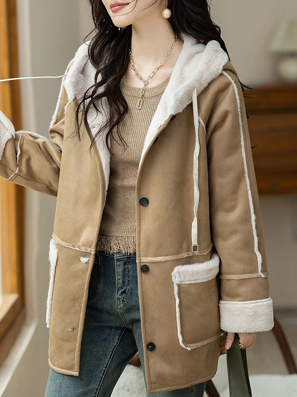 Fashionable Women's Loose Hooded Jacket 2026 Autumn Winter New Style Elegant Style Long Sleeve Button Closure  Color