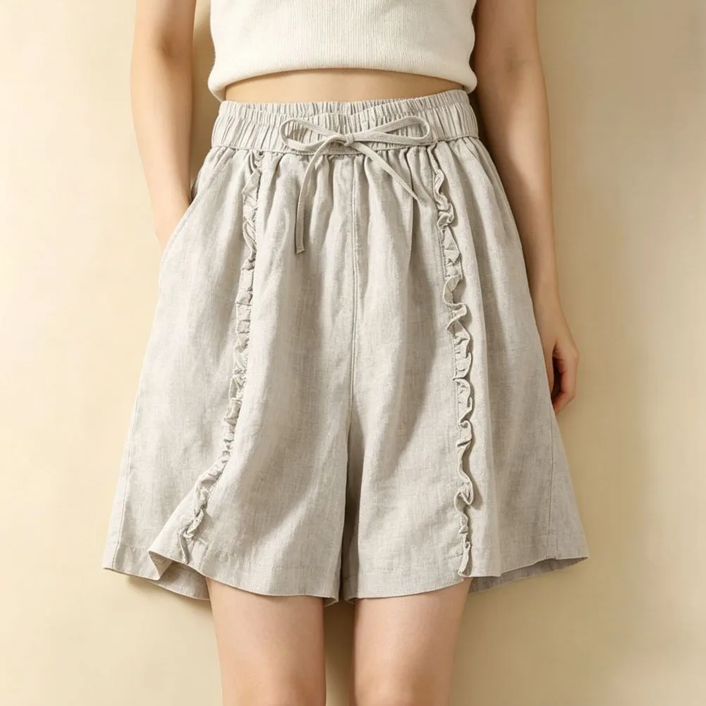 

Women's Movement-Friendly Polyester Shorts with Elastic Waist and Layered Ruffle Hem for Warm Climate Activities