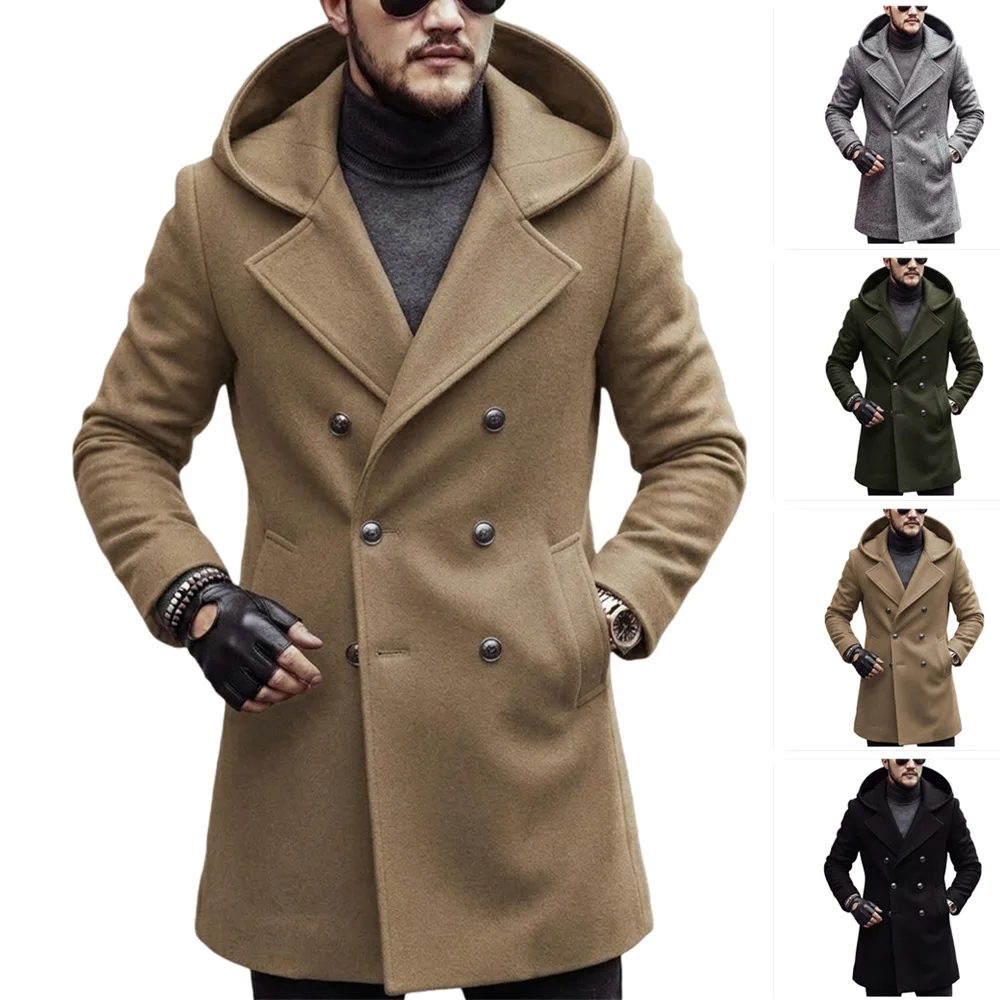 Hooded Jacket Men Wool Blends Mid Length Overcoat Double Breasted Full Sleeve Y2k Streetwear Work Trench Coat Autumn Winter 2026