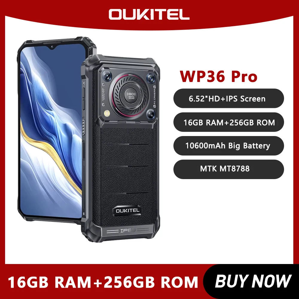 Oukitel WP36 Pro Robustes Telefon 6,52 Zoll 6 GB RAM + 256 GB ROM 10600 mAh Mobiltelefone Android 13 13 MP Kamera HD 60 Hz Mobiltelefon NFC