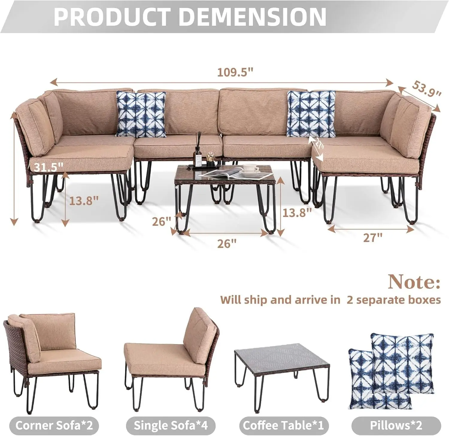 Outdoor Patio Furniture PE Rattan Wicker Sectional Couch Conversation Set with Washable Olefin Cushions and Coffee Table