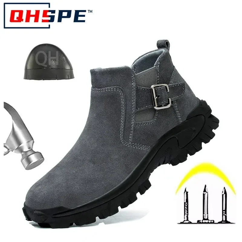 Cowhide Suede Safety Boots Steel Toe Anti Smashing Work Boots Chelsea Style Fashion Protective Footwear for Men Outdoor