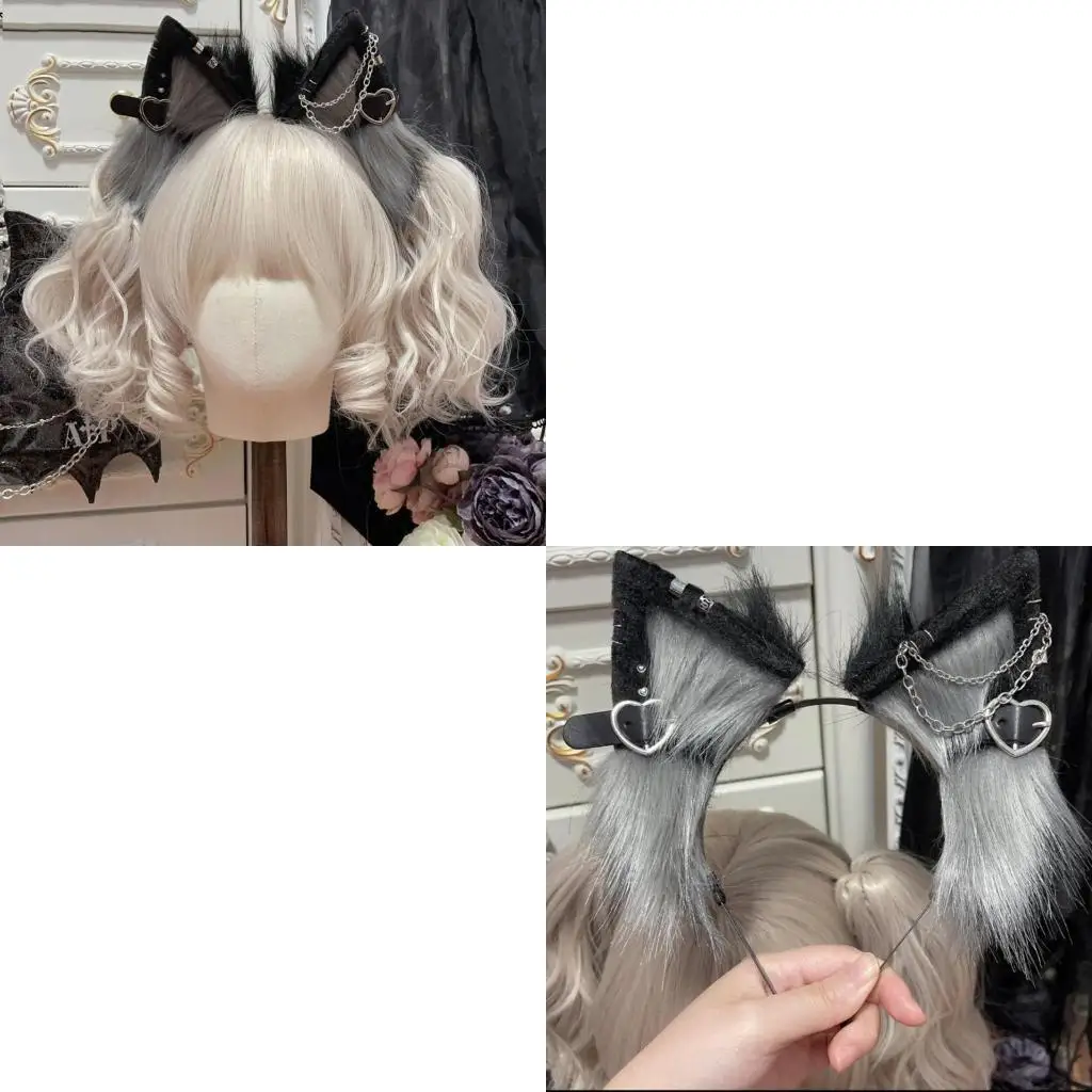 

652F Plush Wolf Ear Headband with Alloy Earring Plush Headband for Anime Theme Gatherings Christmas Gift for Girls