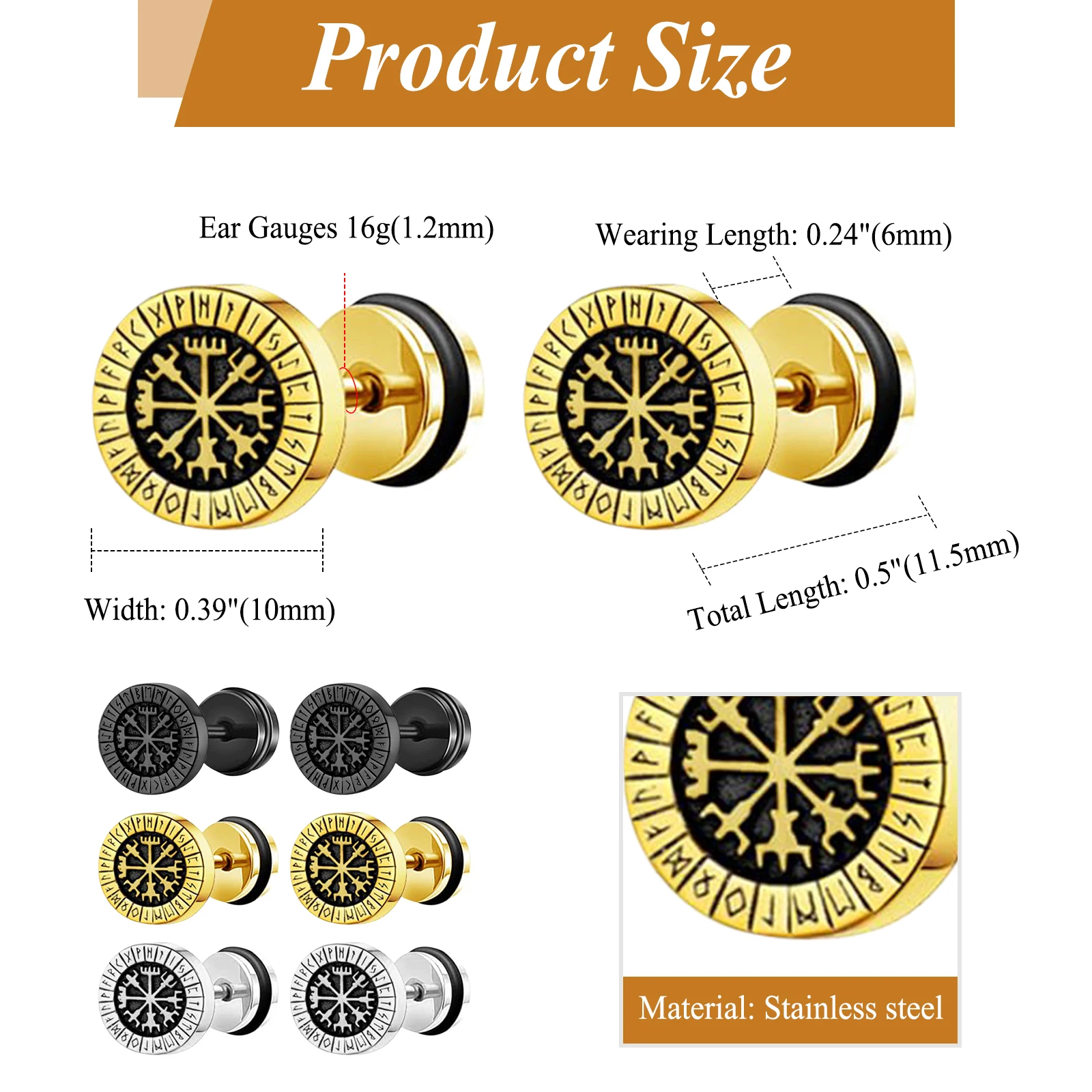 BONISKISS Men\'s Viking stainless steel earrings Nordic style compass rune embellished punk earrings set jewelry gift