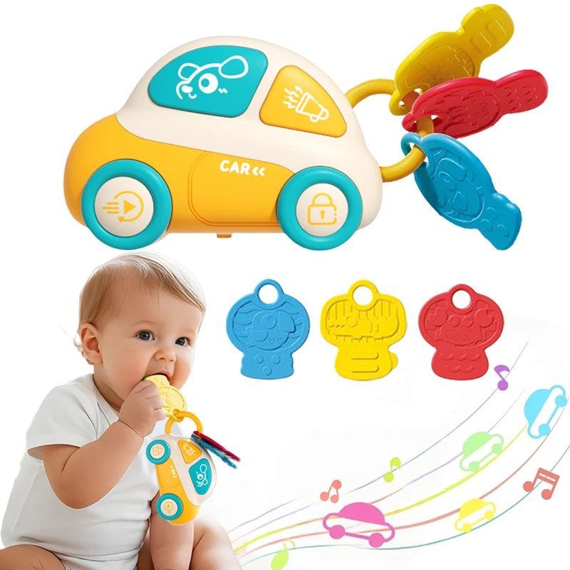 音楽と光付きモンテッソーリ感覚車の鍵型歯固め、乳幼児の男の子向け歯固めおもちゃ、歯が生えるのを和らげるシリコン製噛むおもちゃ