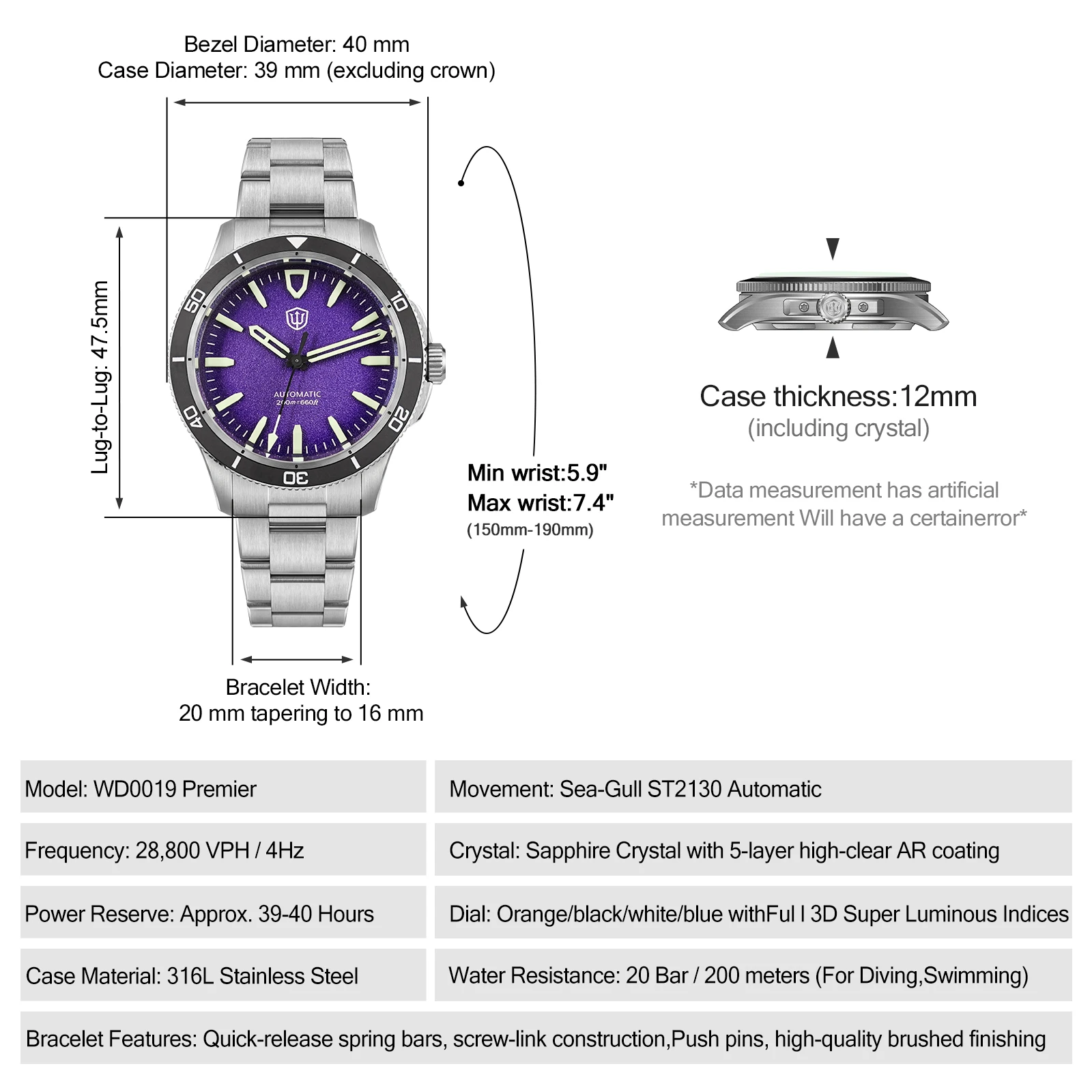 Watchdives Premier WD0019 Automatic Watch 39mm ST2130 Sapphire 200M Waterproof Ceramic Bezel Luxury Mechanical Watch Men
