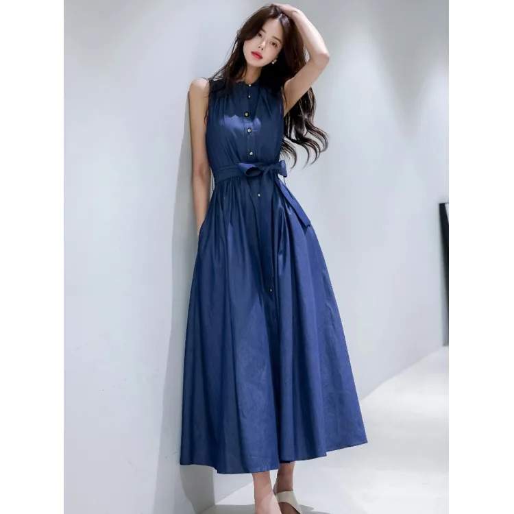 

Элегантная джинсовая длинная юбка макси с воротником-стойкой в корейском стиле для весны, осени и зимы