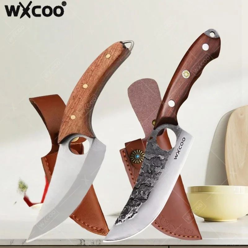 WXCOO Professional Kitchen Boning Knife Wooden Handle BBQ Knives Meat Eating Knife Butcher Knife Hammered Forged Stainless Steel