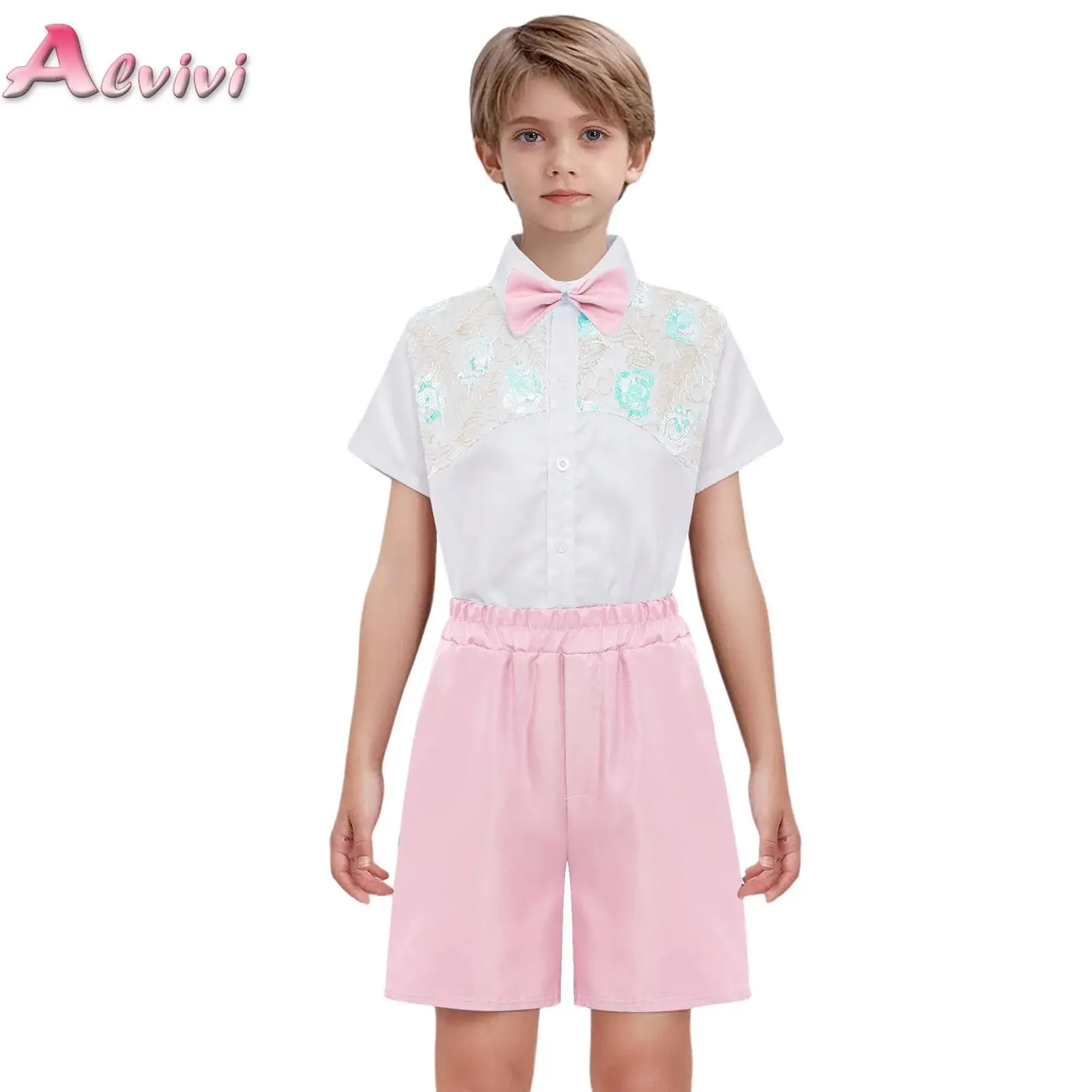 

Toddler Student Boys School Uniform Outfit Short Sleeve Sequin Shirt Top with Shorts And Bow Set Dance Performance Shows Costume