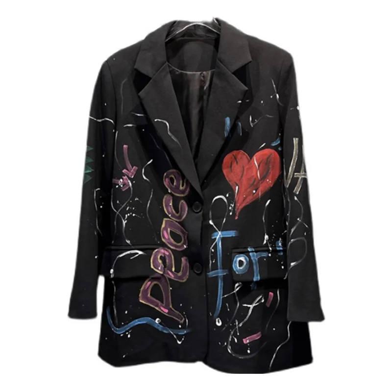 Letter Graffiti Print Blazer Jacket Women Streetwear Fashion Single Breasted Black Suit Jacket Loose Chic Blazers Coat Female