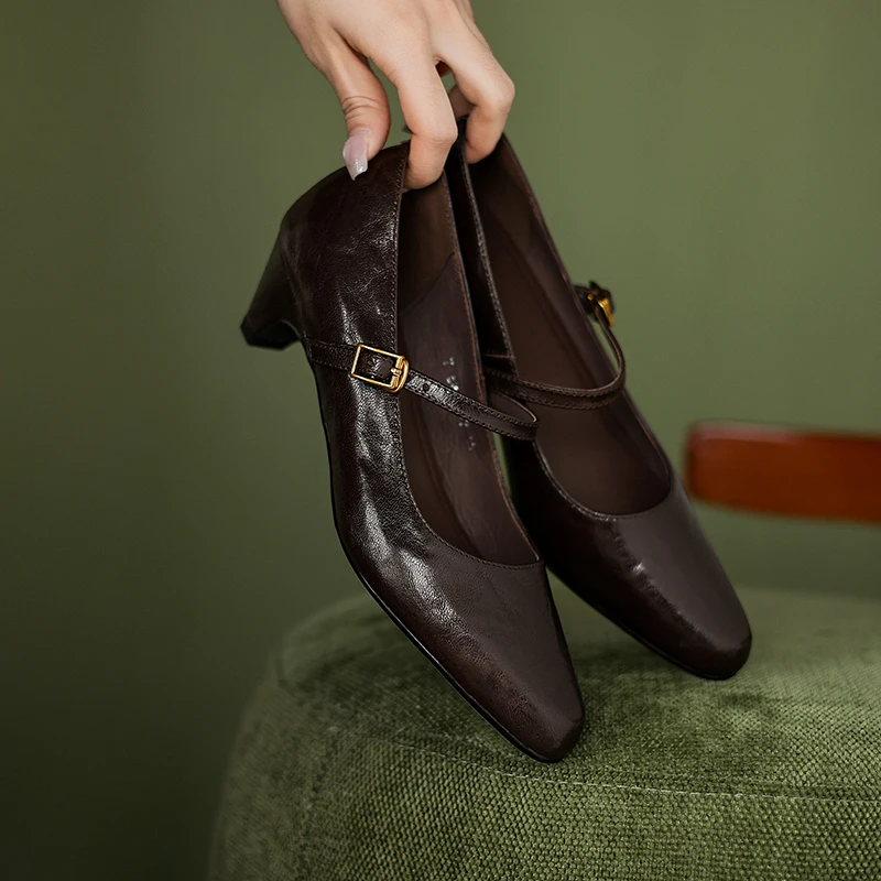 2026 new spring autumn women pumps natural leather 22-25cm sheepskin+pigskin round toe high heel women shoes buckle mary janes
