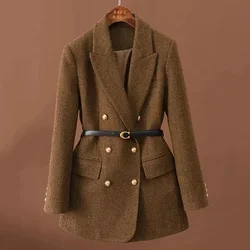 Comes with Belt A Vintage Wool Jacket for Women Autumn and Winter 2024 New Double-Breasted Temperament Female Long Sleeve Blazer