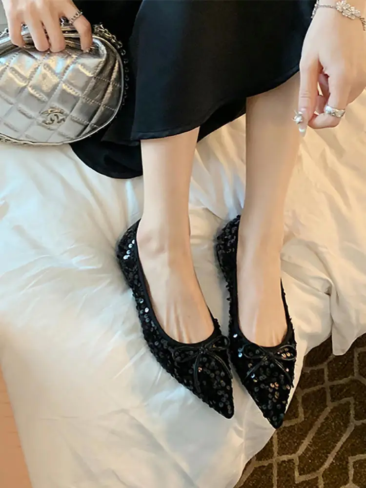 

Pointed Toe Bow-knot Flats Squined Soft Sole Women Shoes Cover Heels Mary Janes Casual Slip on Zapatos Mujer