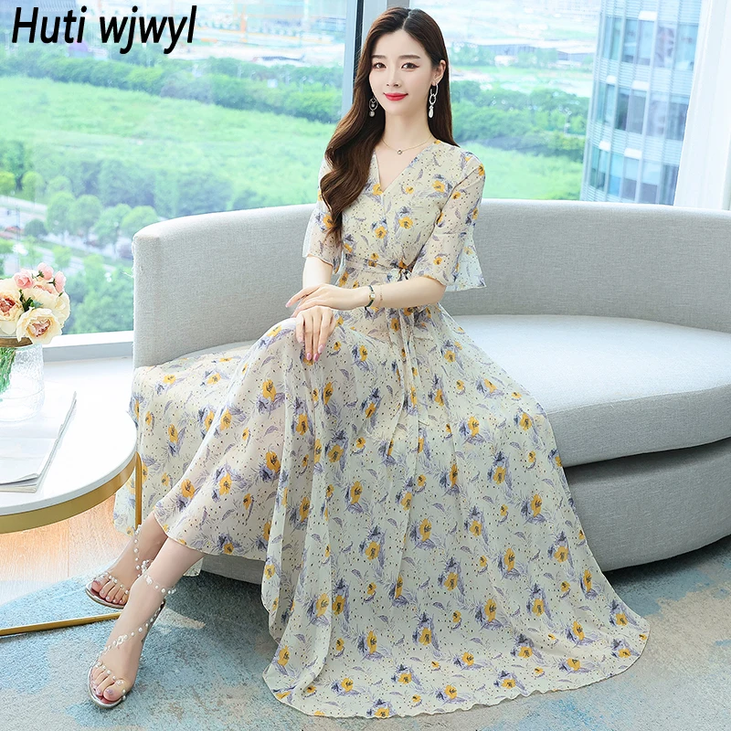 

2024 Floral Chiffon Casual Boho Beach Sundress Women Korean Maxi Dress Spring Summer Elegant Bodycon Short Sleeve Party Vestidos