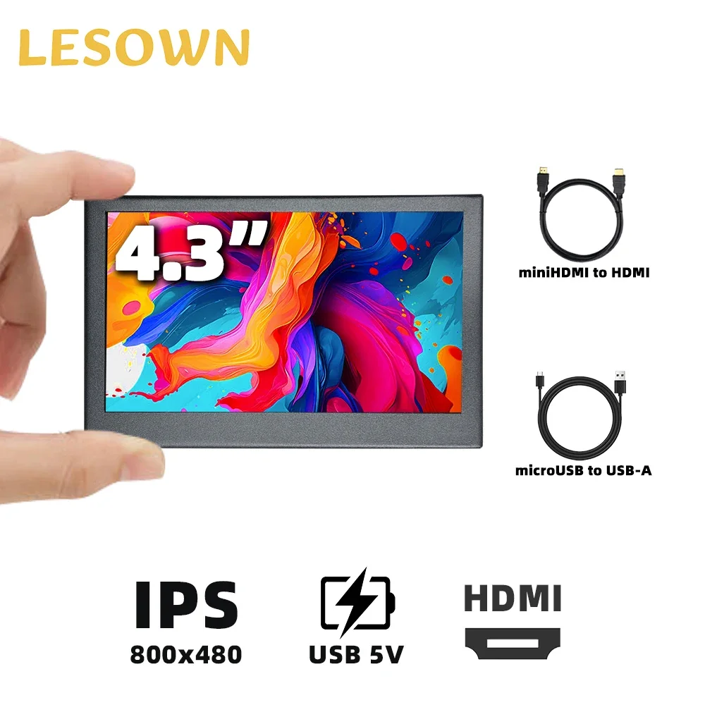 LESOWN Tiny Screen 4.3 inch Small Display 800x480 IPS LCD Secondary Extender mini Lightweight Monitor Metal Shell for Laptop PC