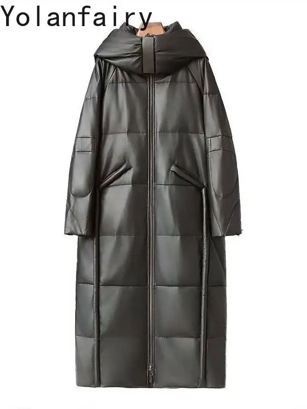 Kurtka damska YOLANFAIRY z prawdziwej skóry, z kapturem, długa, zimowa, z prawdziwej skóry owczej, płaszcz puchowy damski, modne kurtki puchowe z gęsim puchem.