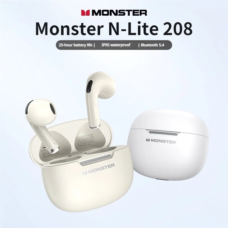 

Полувкладыши Monster-N-lite 208, интеллектуальные беспроводные Bluetooth-наушники с шумоподавлением для музыкальных видов спорта и звонков высокой четкости