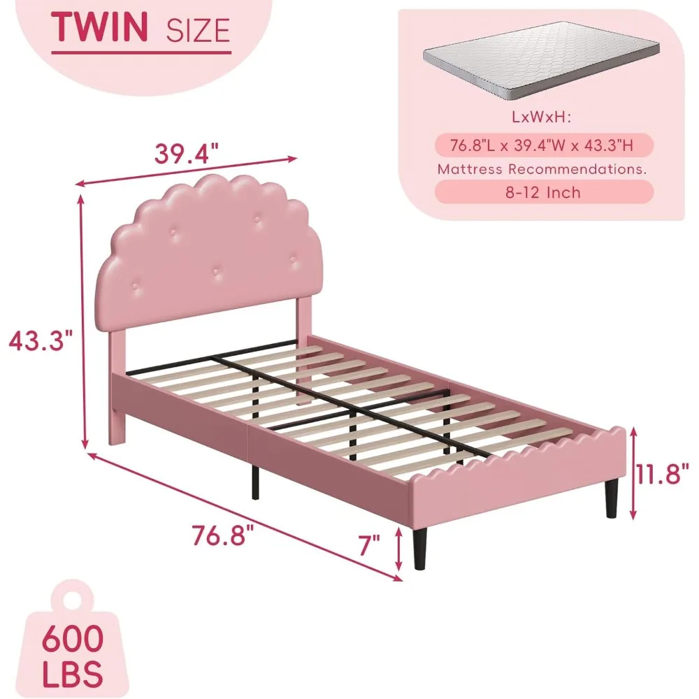 Tweepersoonsbedframe, gestoffeerd platformbed met getuft hoofdeinde met knopen, Princess Kids Twin bedframes