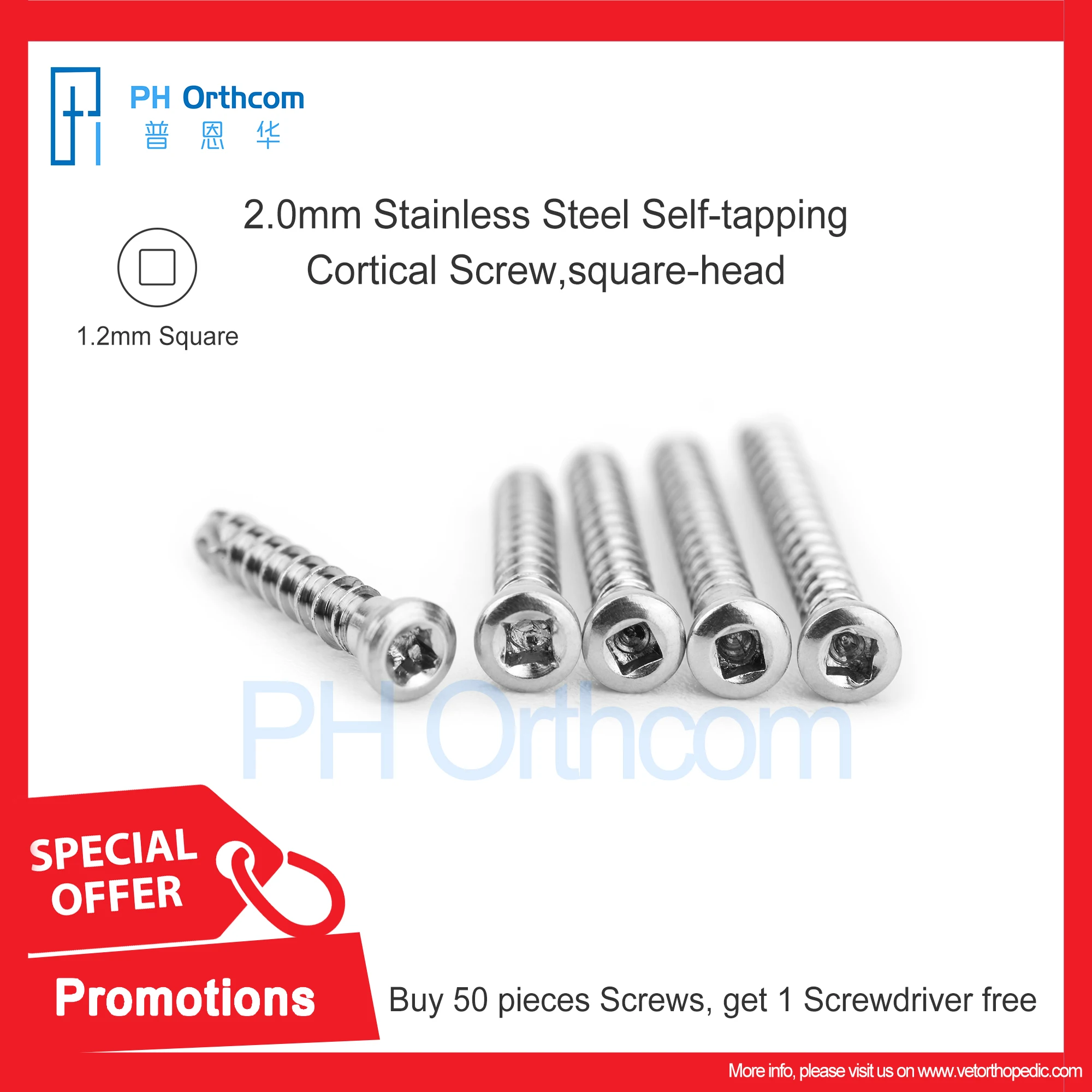 Buy Fifty Pieces Screws, Get One Screwdriver Free! Act Now! 2.0mm Stainless Steel Self-tapping Cortical Screw Square-head