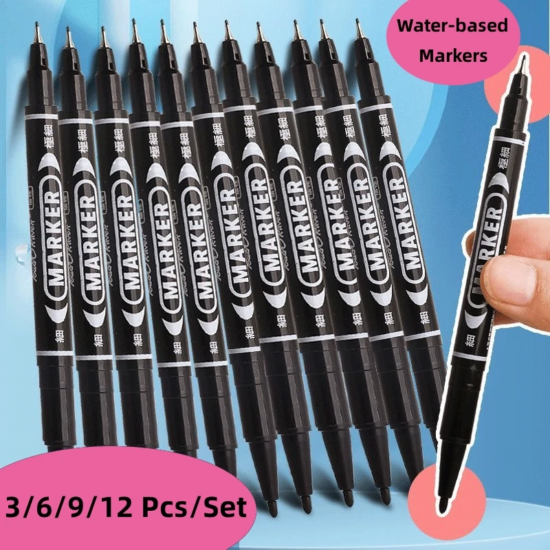 3/6/9/12Pcs Wholesale Twin Tip Permanent Marker Pen Fine Point Waterproof Ink Thin Nib Crude Nib Black Ink 0.5mm-1mm Fine Color