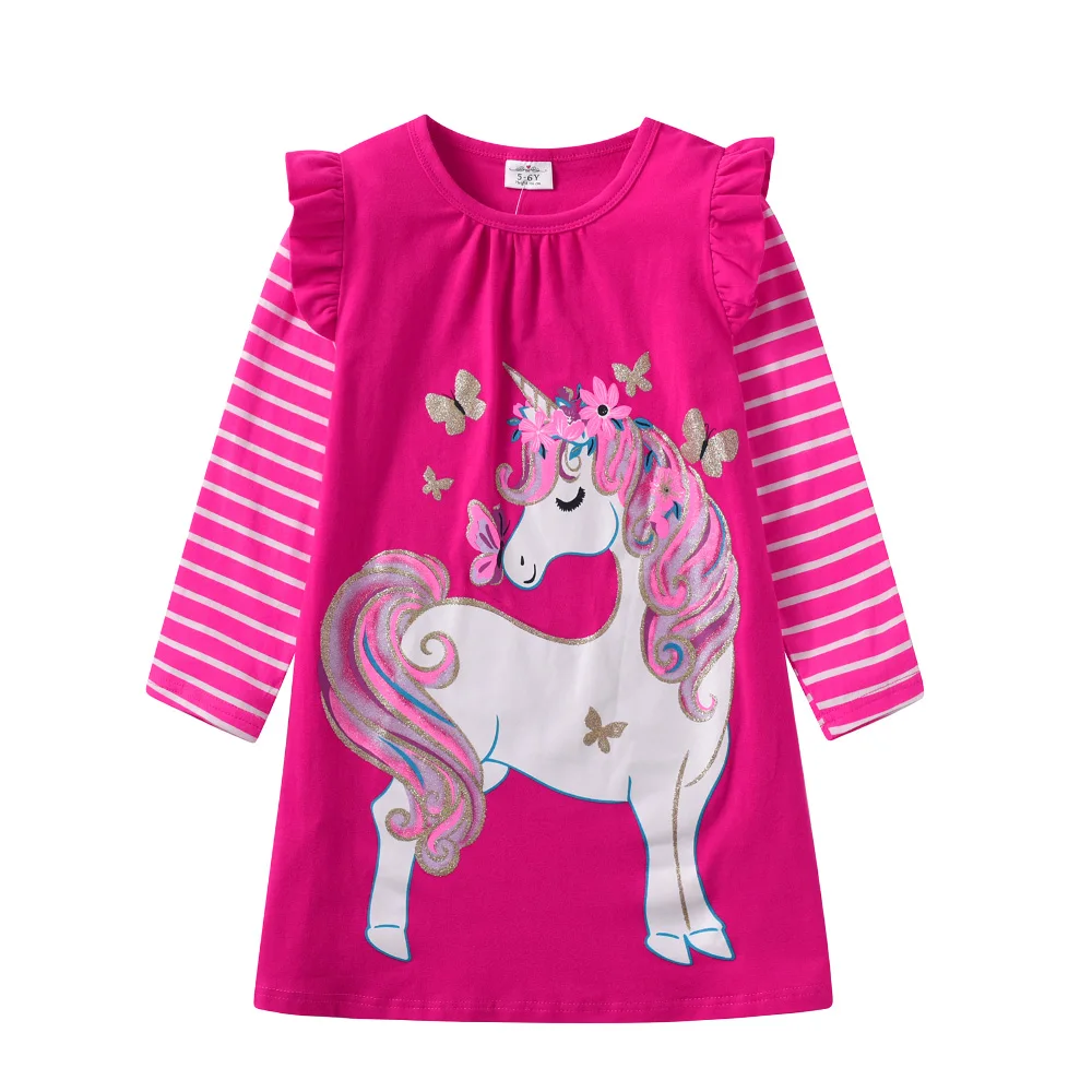 DXTON Cotton Kids Dress For Girls Striped Flying Sleeve Winter Children Clothes Cartoon Unicorn Printed Toddlers Casual Dresses