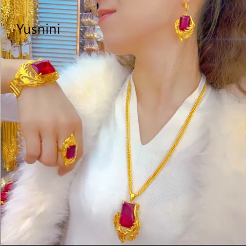 New Dubai Fashion High end 24K Gold Plated Necklace Earrings Rings Bracelets Exquisite Engagement Party Jewelry Set for Lovers