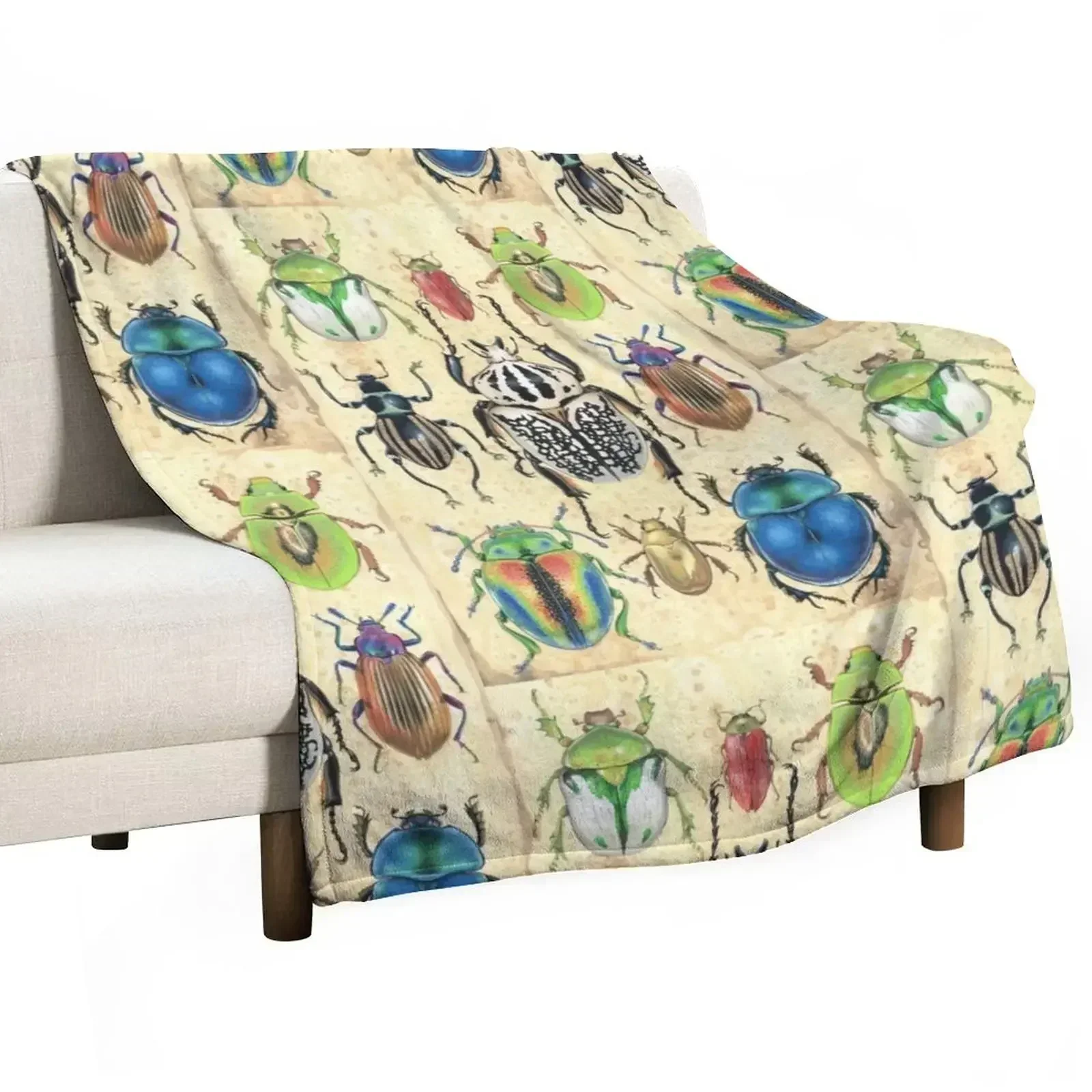 Vintage style beetle illustration Throw Blanket Summer Picnic Soft Beds warm winter Plaid on the sofa Soft Plush Plaid Blankets