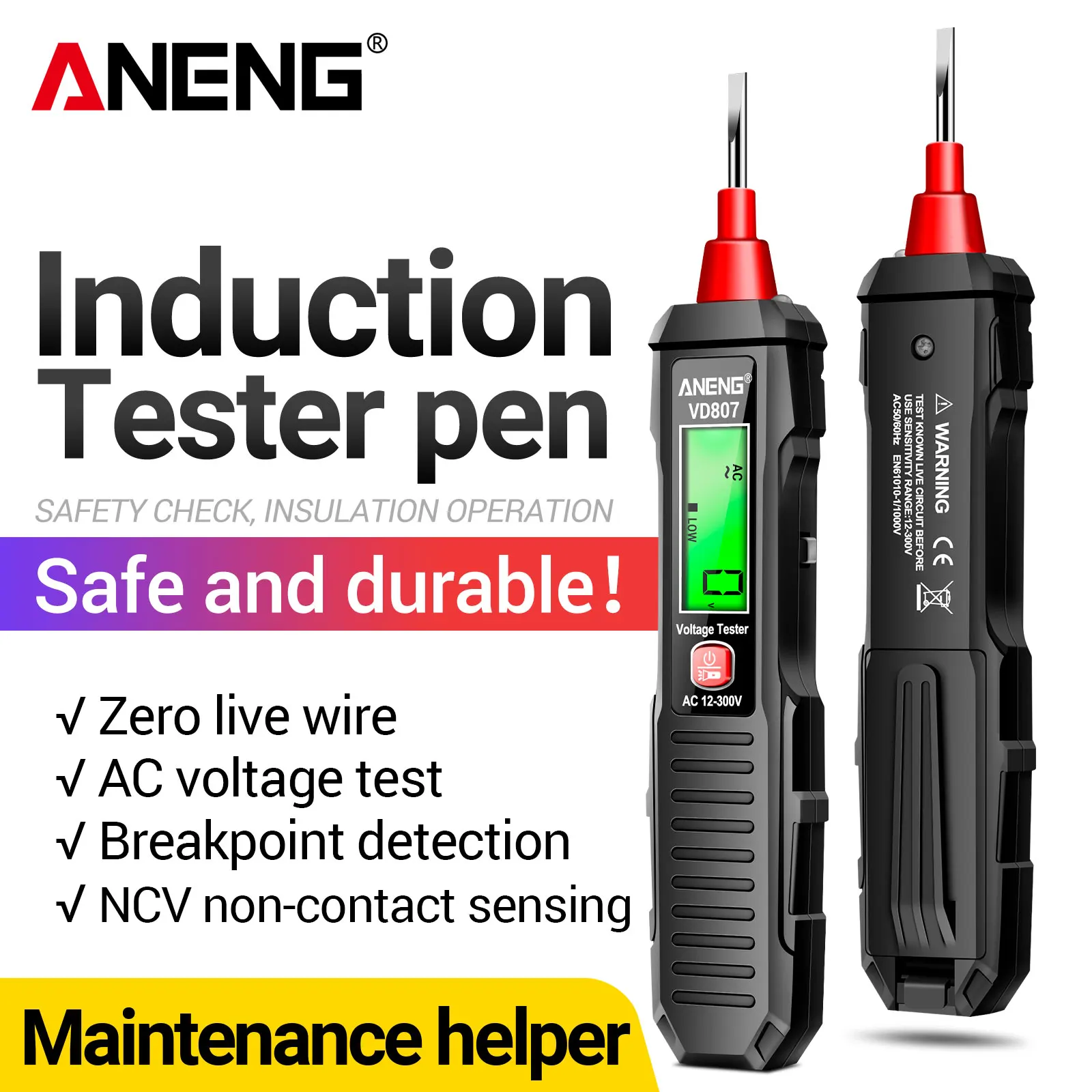 Caneta Testadora de Tensão Sem Contato ANENG VD807 AC 12-300V 50/60Hz NCV Detector de Fio Vivo e Neutro com Alarme Sonoro e Luminoso Ferramenta para Eletricista