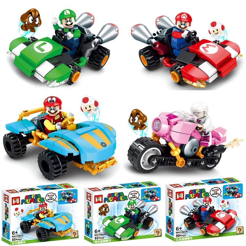 Super Mario Bros bloques de construcción Karting Luigi Bowser princesa melocotón Yoshi figuras de sapo juguetes tirar hacia atrás juego de coche muñeca regalos para niños