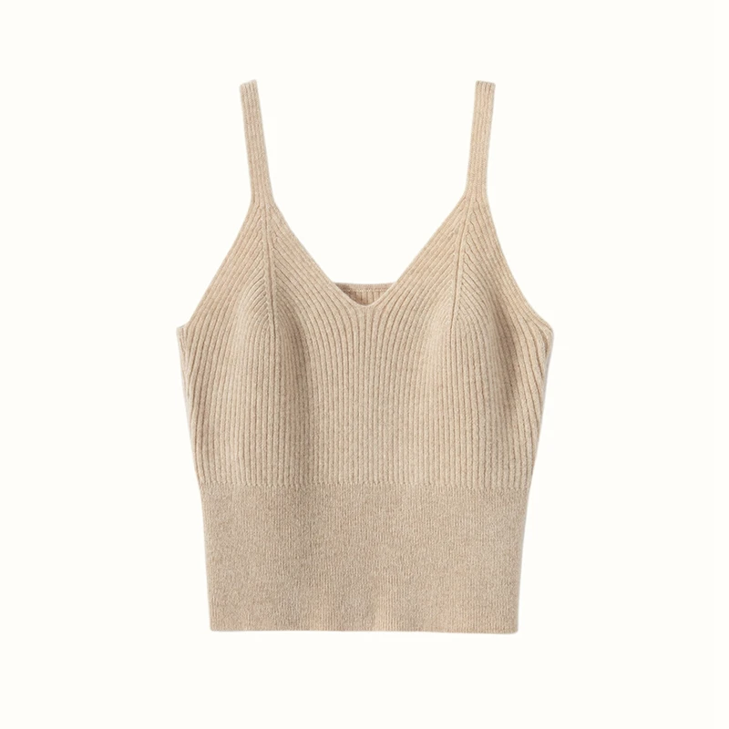 New Women Sexy 100% Cashmere High Elasticity Vest Crop Fashion Tops V-Neck Tank Soft Warm Ladies Knit Camisole Bottoming