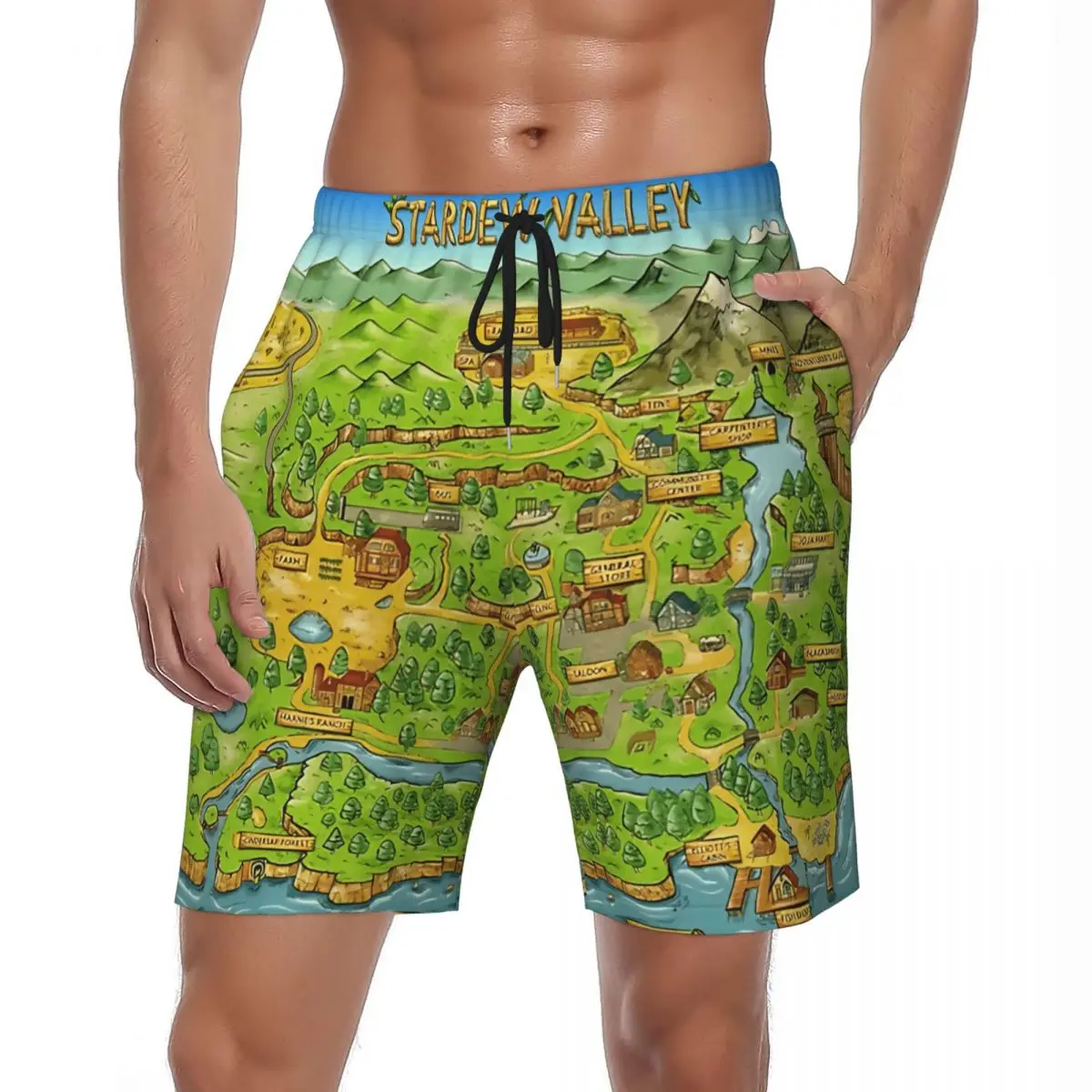 Stardew Valley Pelican Town Map Gym Shorts Summer Sportswear Board Short Pants Men Breathable Y2K Plus Size Beach Trunks