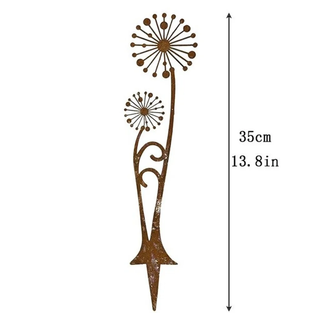 Metal Garden Stake with Dandelion Cutout Rust Effect Outdoor Decor for Yard Flower Pot Arrangements 30/35cm Height